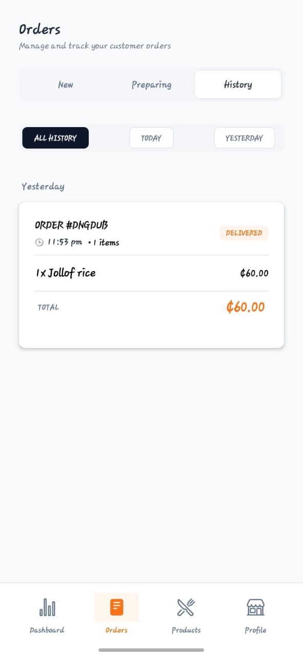 Orders queue screen in the BigBytes Vendor app